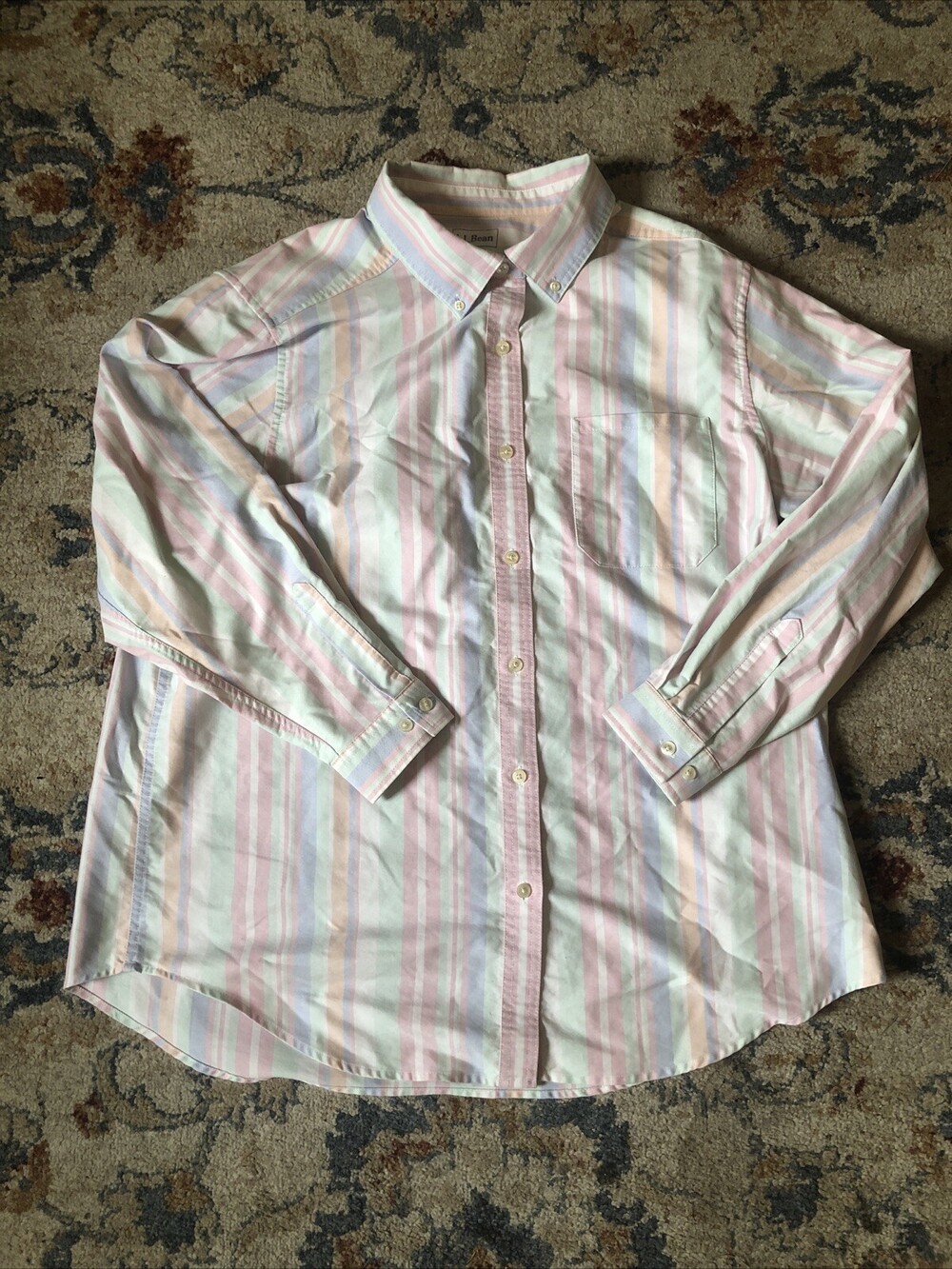 LL Bean Button Shirt Mens 2XL Pink Green Blue Striped Long Sleeve Business